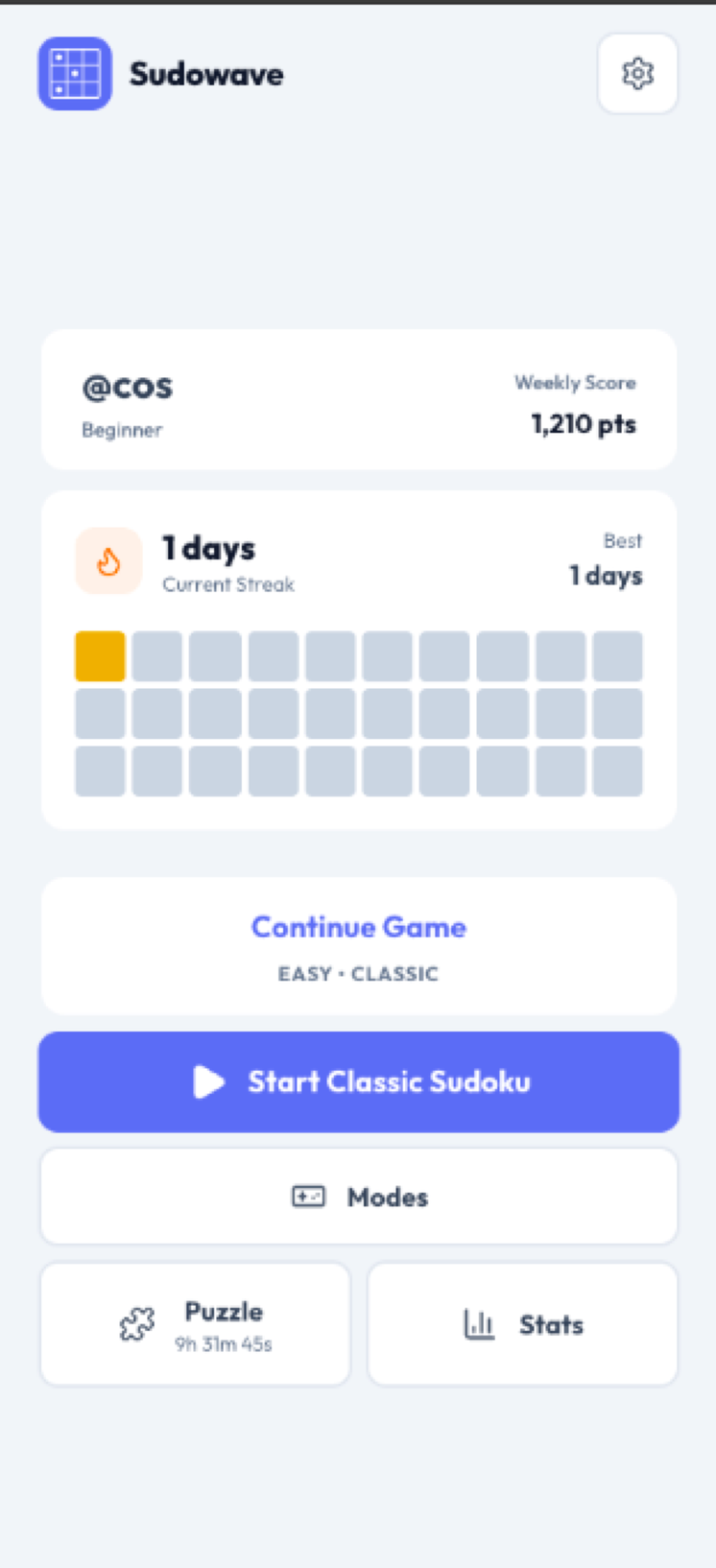Sudowave dashboard with streaks and stats